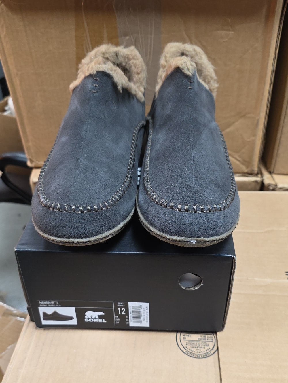 Sorel Men's Manawan II Moccasin Slippers in Buffalo with Tan Fur Trim